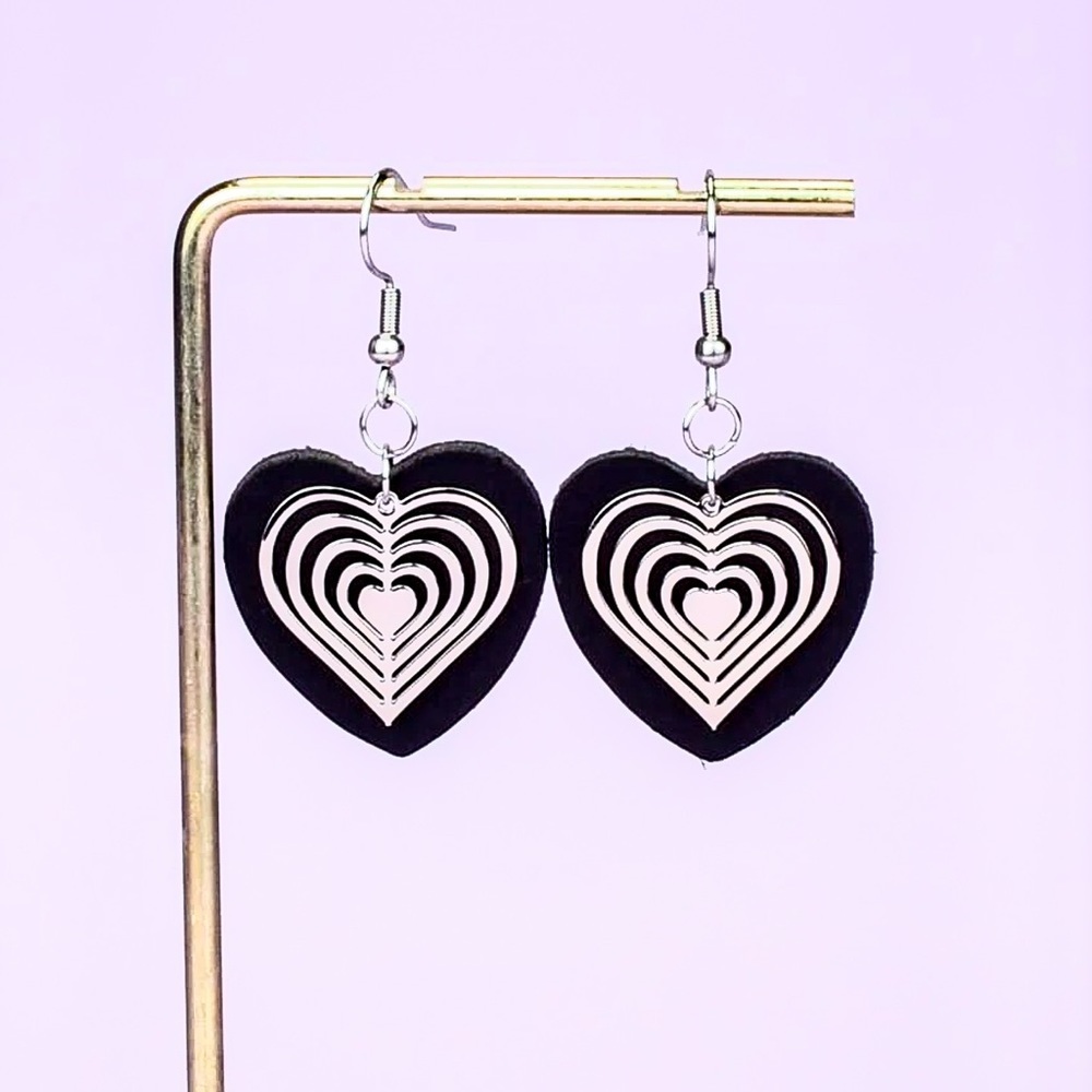 Black Foam Hearts w/Silver Laser Cut Overlay Drop Earrings